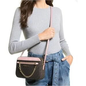 Michael Kors Brown and Blush Pink Jet Set Logo Crossbody Bag